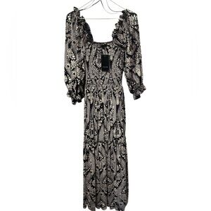 Fate Blue Silver Peasant Smocked Lined Maxi Dress NWT Size Small